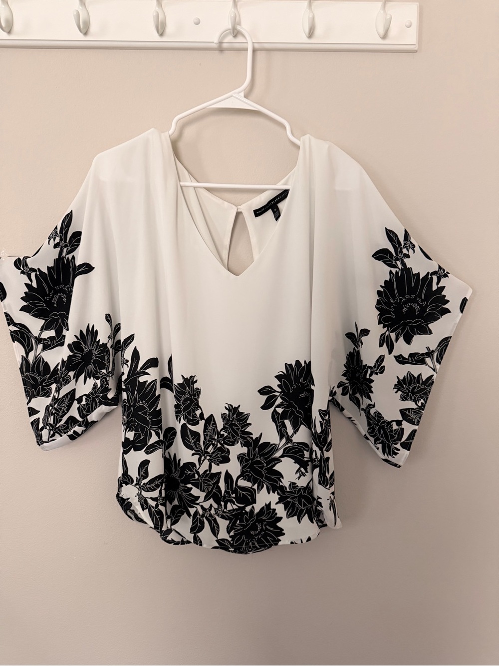 White House Black Market White Blouse with Black Floral Border